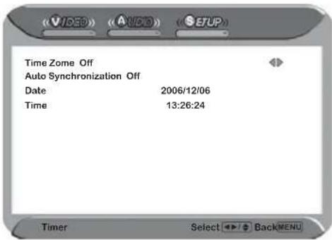 Time Zome Off Auto Synchronization Off Date 2006/12/06 Time 13:26:24 Timer Select BackMENU