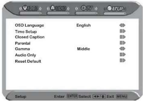 VISED AUDIO CCTV SETUP OSD Language English Time Setup Closed Caption Parental Gamma Middle Audio Only Reset Default Setup Enter ENTER Select Exit MENU