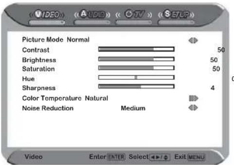 Picture Mode Normal Contrast 50 Brightness 50 Saturation 50 Hue 4 Sharpness Color Temperature Natural Noise Reduction Medium Video Enter ENTER Select Exit MENU