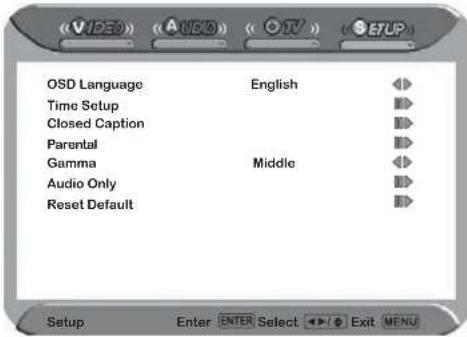 OSD Language Time Setup Closed Caption Parental Gamma Audio Only Reset Default English Middle Setup Enter ENTER Select Exit MENU