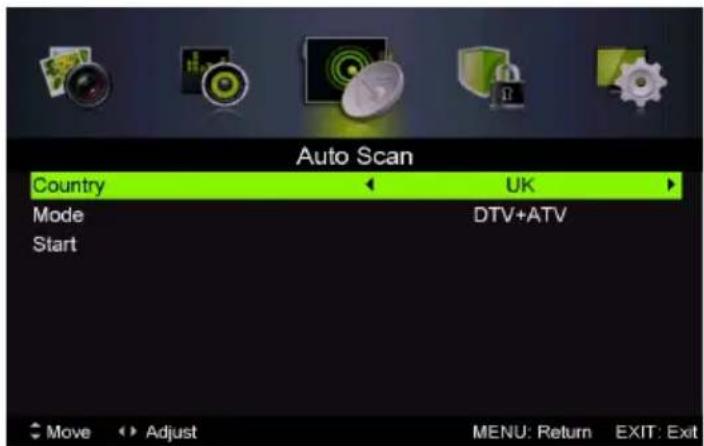 Auto Scan Country UK Mode DTV+ATV Start Move Adjust MENU: Return EXIT: Exit