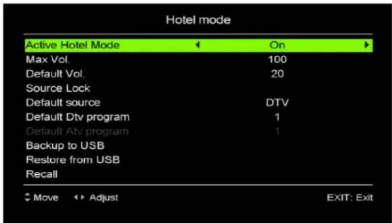 Hotel mode Active Hotel Mode On Max Vol. 100 Default Vol. 20 Source Lock Default source DTV Default Dtv program 1 Default Atv program 1 Backup to USB Restore from USB Recall Move Adjust EXIT: Exit