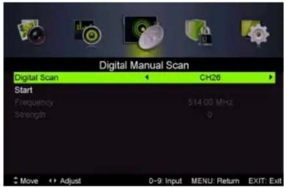 Digital Manual Scan Digital Scan CH26 Start Frequency 514.00 MHz Strength 0 Move Adjust 0-9: Input MENU: Return EXIT: Exit