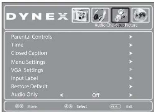 DYNEX Audio ChaSetupPicture Parental Controls Time Closed Caption Menu Settings VGA Settings Input Label Restore Default Audio Only Off Move Select MENU EXIT