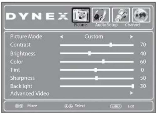 DYNEX Picture Audio Setup Channel Picture Mode Custom Contrast 70 Brightness 40 Color 60 Tint 0 Sharpness 50 Backlight 30 Advanced Video Move Select ADD Exit