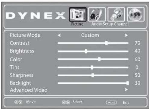 DYNEX Picture Audio Setup Channel Picture Mode Custom Contrast 70 Brightness 40 Color 60 Tint 0 Sharpness 50 Backlight 30 Advanced Video Move Select MIND Exit