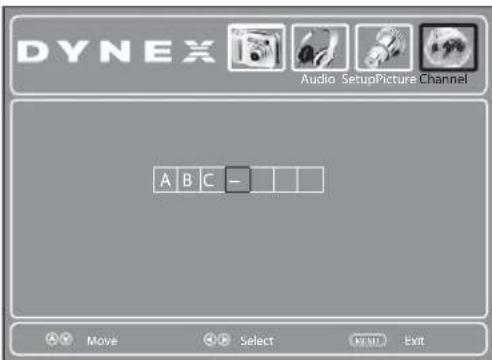 DYNEX Audio SetupPicture Channel A B C - Move Select NULL Exit