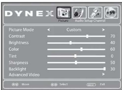 DYNEX Picture Audio Setup Channel Picture Mode Custom Contrast 70 Brightness 40 Color 60 Tint 0 Sharpness 50 Backlight 30 Advanced Video Move Select OK Exit
