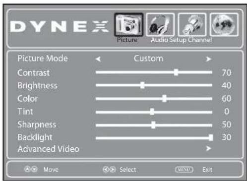 DYNEX Picture Audio Setup Channel Picture Mode Custom Contrast 70 Brightness 40 Color 60 Tint 0 Sharpness 50 Backlight 30 Advanced Video Move Select MEN Exit