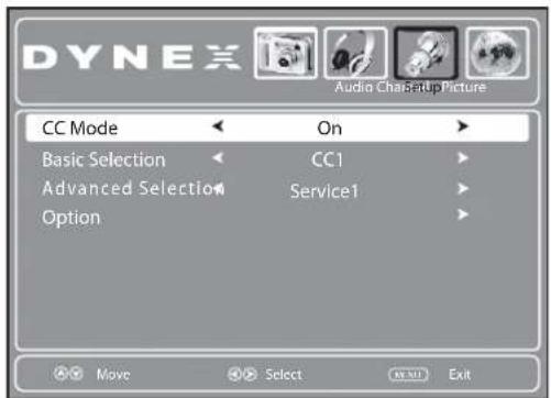 DYNEX Audio Cha Setup Picture CC Mode On Basic Selection CC1 Advanced Selection Service1 Option Move Select Exit