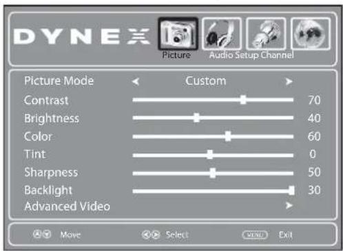 DYNEX Picture Audio Setup Channel Picture Mode Custom Contrast 70 Brightness 40 Color 60 Tint 0 Sharpness 50 Backlight 30 Advanced Video Move Select END Exit