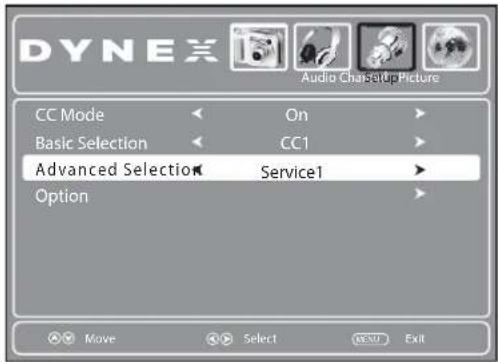 DYNEX Audio Cha/Satup Picture CC Mode Basic Selection Advanced Selection Option On CC1 Service1 Move Select Next Exit