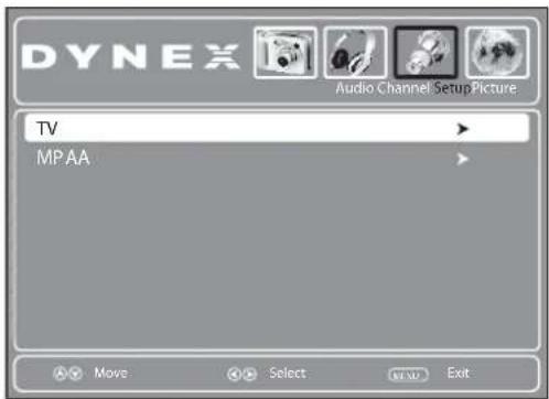 DYNEX Audio Channel Setup Picture TV MP AA Move Select Read Exit