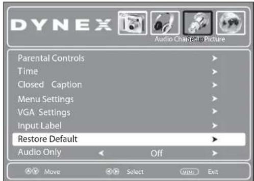 DYNEX Audio ChaSetup Picture Parental Controls Time Closed Caption Menu Settings VGA Settings Input Label Restore Default Audio Only Off Move Select Menu Exit
