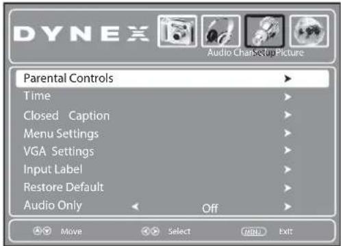 DYNEX Audio ChanSetupPicture Parental Controls Time Closed Caption Menu Settings VGA Settings Input Label Restore Default Audio Only Off Move Select MENU Exit