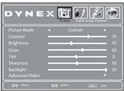 DYNEX Picture Audio Setup Channel Picture Mode Custom Contrast 70 Brightness 40 Color 60 Tint 0 Sharpness 50 Backlight 30 Advanced Video Move Select MENU Exit