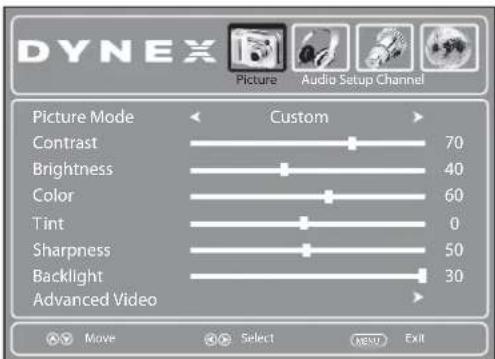 DYNEX Picture Audio Setup Channel Picture Mode Custom Contrast 70 Brightness 40 Color 60 Tint 0 Sharpness 50 Backlight 30 Advanced Video Move Select MENU Exit
