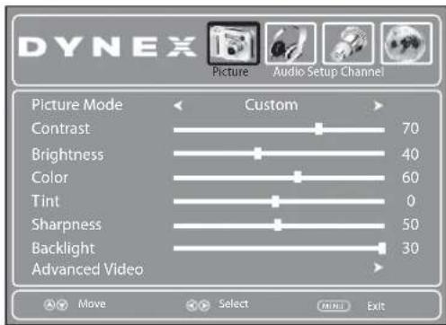 DYNEX Picture Audio Setup Channel Picture Mode Custom Contrast 70 Brightness 40 Color 60 Tint 0 Sharpness 50 Backlight 30 Advanced Video Move Select MINI Exit