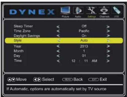 DYNEX Picture Audio Settings Channels USB Sleep Timer Off > Time Zone Pacific > Daylight Savings On > Style Auto > Year 2013 > Month 1 > Day 01 > Time 12 : 11 AM > If Automatic, options are automatically set by TV source Move Select BACK Exit