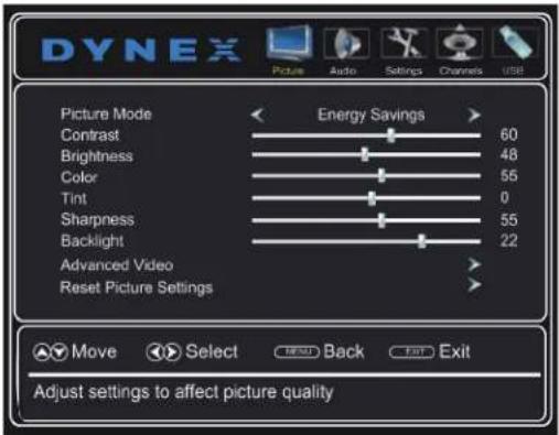 DYNEX Picture Audio Settings Channels USB Picture Mode Energy Savings Contrast 60 Brightness 48 Color 55 Tint 0 Sharpness 55 Backlight 22 Advanced Video > Reset Picture Settings Adjust settings to affect picture quality