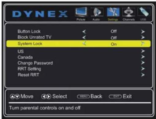 DYNEX Picture Audio Settings Channels USB Button Lock Off Block Unrated TV Off System Lock On US Canada Change Password RRT Setting Reset RRT Move Select Back Exit Turn parental controls on and off