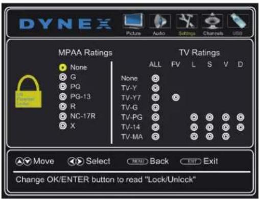 DYNEX Picture Audio Settings Channels USB MPAA Ratings None G PG PG-13 R NC-17R X TV Ratings ALL FV L S V D None TV-Y TV-Y7 TV-G TV-PG TV-14 TV-MA Move Select Back Exit Change OK/ENTER button to read "Lock/Unlock"