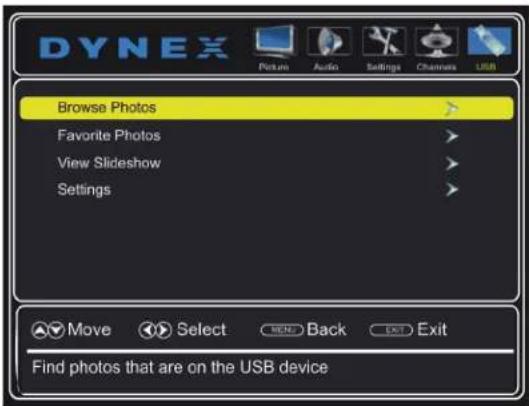 DYNEX Browse Photos Favorite Photos View Slideshow Settings Move Select Back Exit Find photos that are on the USB device