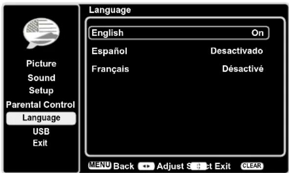 Picture Sound Setup Parental Control Language USB Exit Language English On Español Desactivado Français Désactivé MENU Back Adjust Select Exit CLEAR