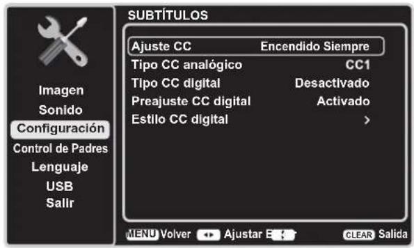 SUBTÍTULOS Imagen Sonido Configuración Control de Padres Lenguaje USB Sallr Ajuste CC Encendido Siempre Tipo CC analógico CC1 Tipo CC digital Desactivado Preajuste CC digital Activado Estilo CC digital MENU Volver Ajustar E CLEAR Salida