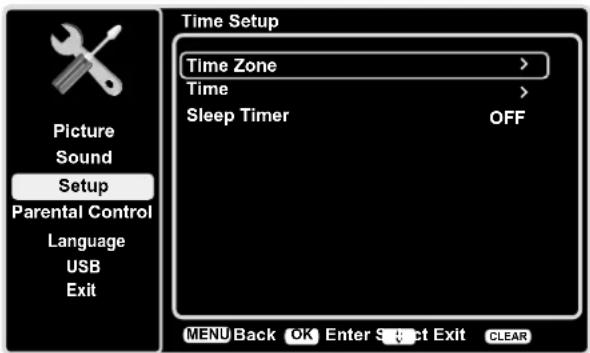 Picture Sound Setup Parental Control Language USB Exit Time Setup Time Zone > Time > Sleep Timer OFF MENU Back OK Enter Select Exit CLEAR
