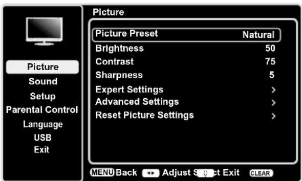 Picture Picture Preset Natural Brightness 50 Contrast 75 Sharpness 5 Expert Settings > Advanced Settings > Reset Picture Settings >