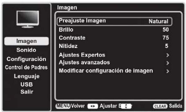 Imagen Preajuste Imagen Natural Brillo 50 Contraste 75 Nitidez 5 Ajustes Expertos > Ajustes avanzados > Modificar configuración de Imagen >