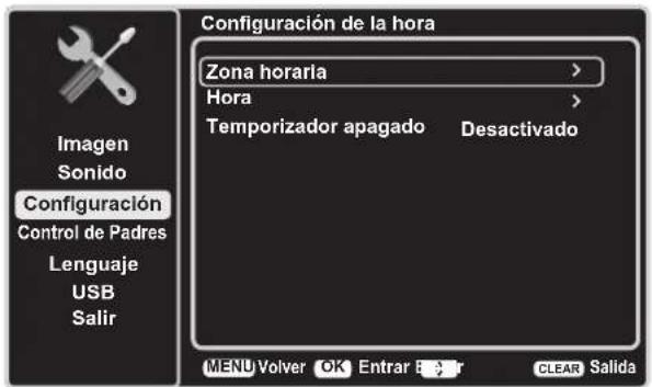Configuración de la hora Zona horarla > Hora > Temporizador apagado Desactivado Imagen Sonido Configuración Control de Padres Lenguaje USB Salir MENU Volver OK Entrar E Tr CLEAR Salida
