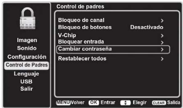 Control de padres Bloqueo de canal > Bloqueo de botones Desactivado V-Chip > Bloquear entrada > Cambiar contraseña > Restablecer todos > Imagen Sonido Configuración Control de Padres Lenguaje USB Salir MENU Volver OK Entrar Elegir CLEAR Salida