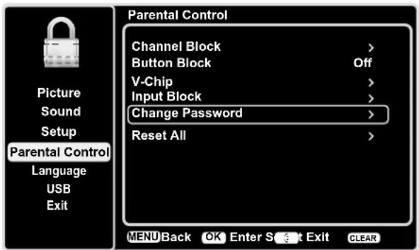 Picture Sound Setup Parental Control Language USB Exit Parental Control Channel Block > Button Block Off V-Chip > Input Block > Change Password > Reset All > MENU Back OK Enter Select Exit CLEAR