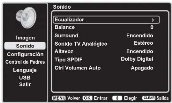 Sonido Emagen Sonido Configuración Control de Padres Lenguaje USB Salir Ecualizador > Balance 0 Surround Encendido Sonido TV Analógico Estéreo Altavoz Encendido Tipo SPDIF Dolby Digital Ctrl Volumen Auto Apagado MENU Volver OK Entrar Elegir CLEAR Salida
