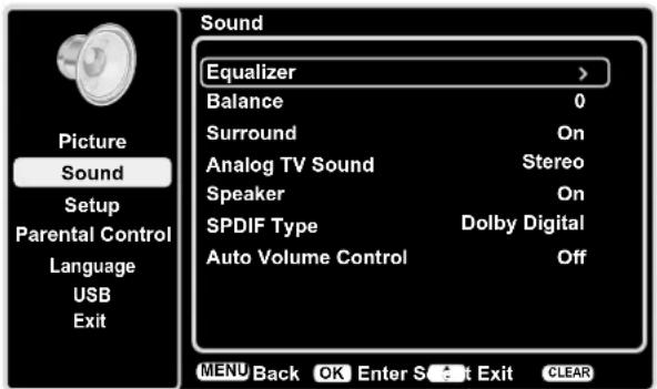 Sound Equalizer > Balance 0 Surround On Analog TV Sound Stereo Speaker On SPDIF Type Dolby Digital Auto Volume Control Off Picture Sound Setup Parental Control Language USB Exit MENU Back OK Enter S Out Exit CLEAR