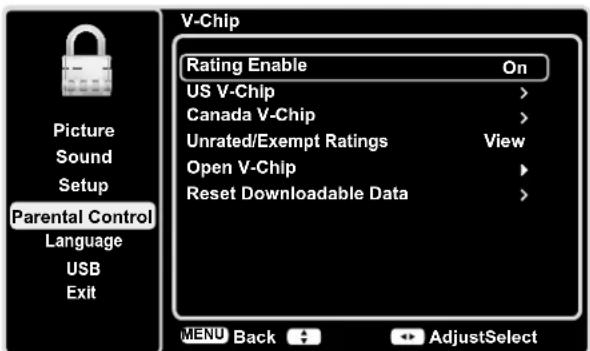 V-Chip Rating Enable On US V-Chip > Canada V-Chip > Unrated/Exempt Ratings View Open V-Chip > Reset Downloadable Data >
