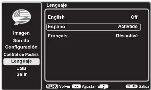 Imagen Sonido Configuración Control de Padres Lenguaje USB Salir Lenguaje English Off Español Activado Français Desactivé MENU Volver Àjustar E CLEAR Salida