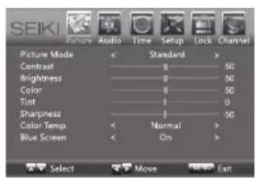 SEIKI Picture Mode Contrast Brightness Color Tint Sharpness Color Temp. Blue Screen Select Standard 50 50 50 0 50 Normal On Exit