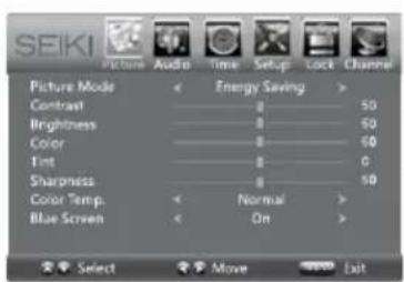 SEIKI Picture Mode Contrast Brightness Color Tint Sharpness Color Temp. Blue Screen Energy Saving 50 50 60 0 50 Normal On Select Move Exit