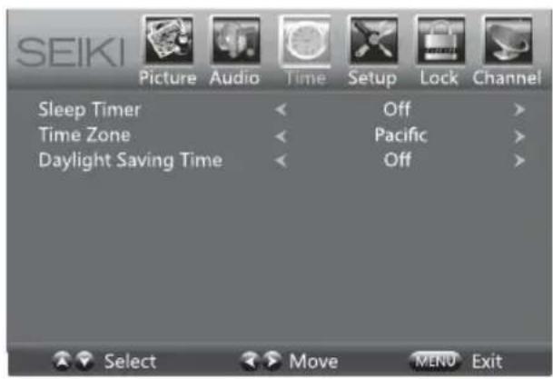 SEIKI Picture Audio Time Setup Lock Channel Sleep Timer Off > Time Zone Pacific > Daylight Saving Time Off >