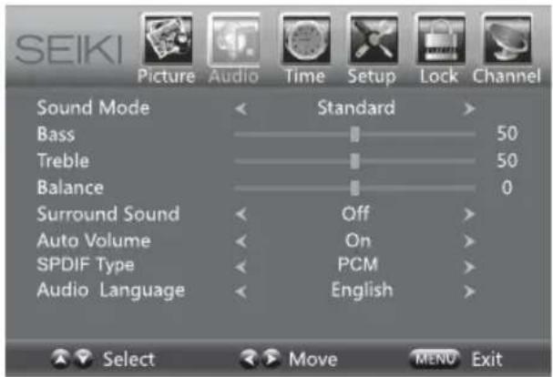 SEIKI Picture Audio Time Setup Lock Channel Sound Mode Standard Bass 50 Treble 50 Balance 0 Surround Sound Off Auto Volume On SPDIF Type PCM Audio Language English Select Move MENU Exit