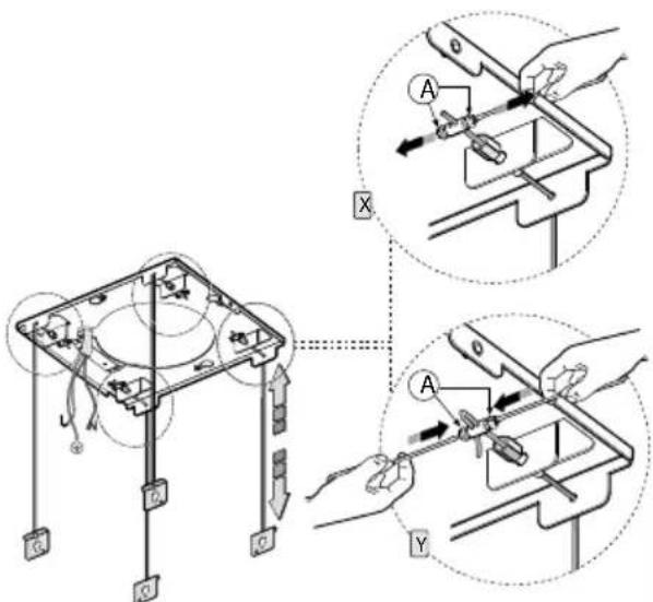 Technical diagram showing mechanical assembly steps with labeled components and directional arrows, including section X and Y views.