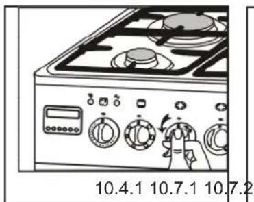 Line drawing of a gas stove with control knobs and a rotary knob (no text or symbols)