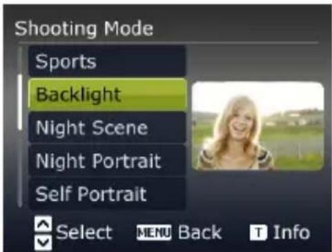 Shooting Mode Sports Backlight Night Scene Night Portrait Self Portrait Select MENU Back T Info