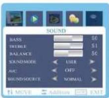 SOUND BASS 5C TREBLE 5I BALANCE 5C SRAVEMODE USER AVC OFF SOUNDSOURCE NORMAL MOVE AddIO EXIT