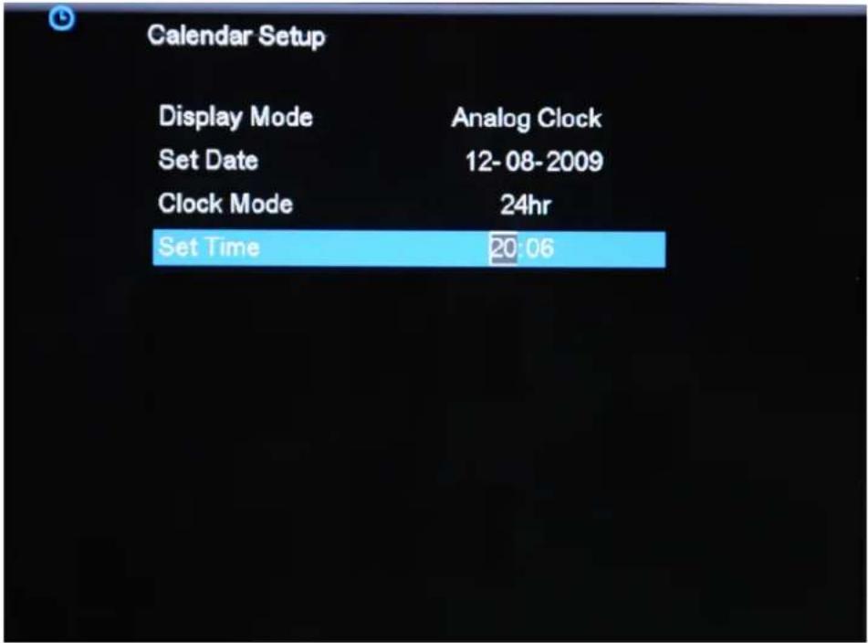 Calendar Setup Display Mode Analog Clock Set Date 12-08-2009 Clock Mode 24hr Set Time 20:06