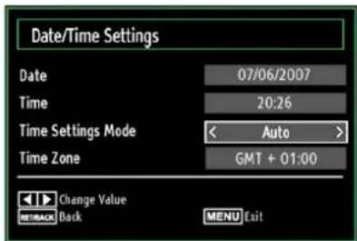 Date/Time Settings Date 07/06/2007 Time 20:26 Time Settings Mode < Auto > Time Zone GMT + 01:00 Change Value REBACK Back MENU Exit