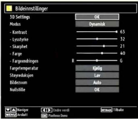 Bildeinnstillinger 3D Settings Modus - Kontrast - Lysstyrke - Skarphet - Farge - Fargeendringen Fargetemperatur Støyreduksjon Bildezoom Nullstille OK Dynamisk 63 32 21 40 G Krigig Lav Auto OK